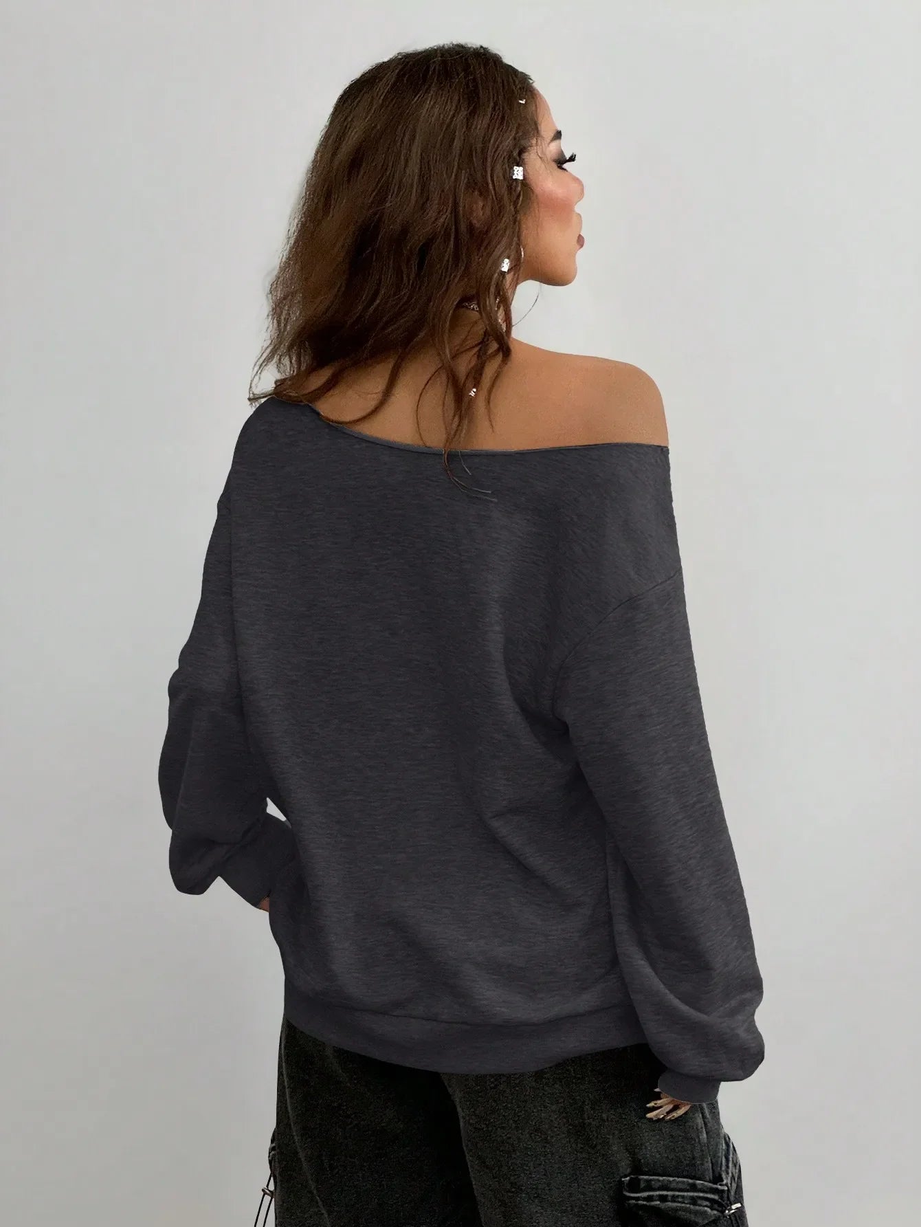 Casual Basic Knitted Single Shoulder Loose Long Sleeve Grey Sports Shirt Long Top Comfortable Loose Fit Grey Knitwear