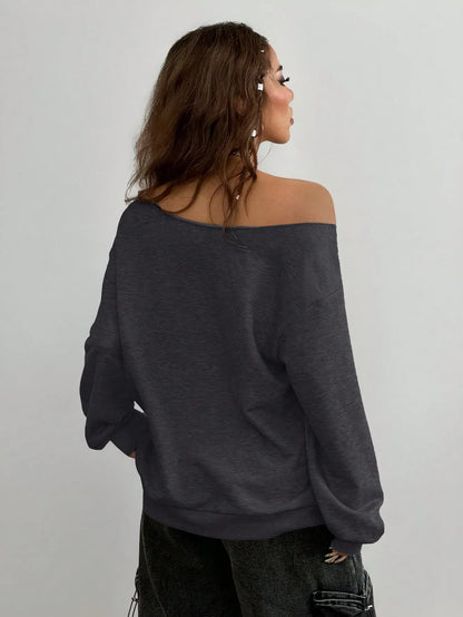Casual Basic Knitted Single Shoulder Loose Long Sleeve Grey Sports Shirt Long Top Comfortable Loose Fit Grey Knitwear
