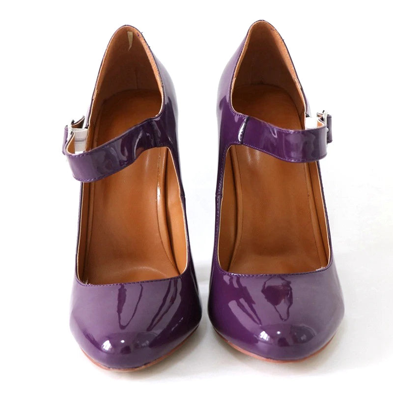 Elegant Women Black Patent Mary Jane High Heel Pumps Buckle Strap Round Toe Block Heel  Party & Office Work Dress Shoes