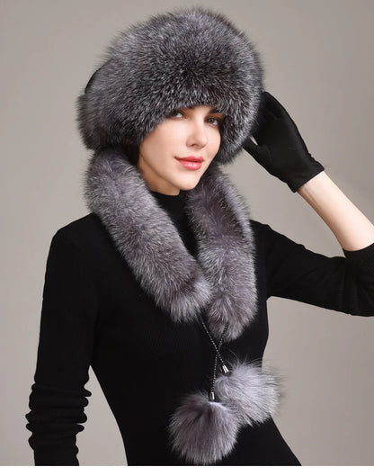 Real Fox Fur Hat with Rabbit Fur Top Girls Winter Hats with Long Tail Pompoms Russian Trapper Hats Bombers Cap Bonnets...
