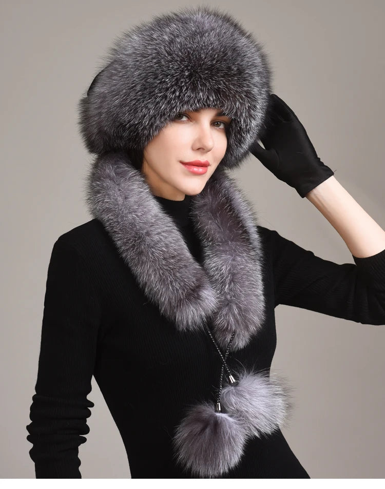 Real Fox Fur Hat with Rabbit Fur Top Girls Winter Hats with Long Tail Pompoms Russian Trapper Hats Bombers Cap Bonnets...