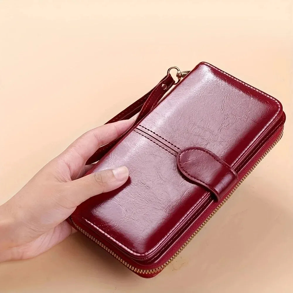Women's Vintage Oil Wax PU Leather Clutch Wallet Female Large Capacity Phone Purse Ladies Wristband Simple Card Holder...