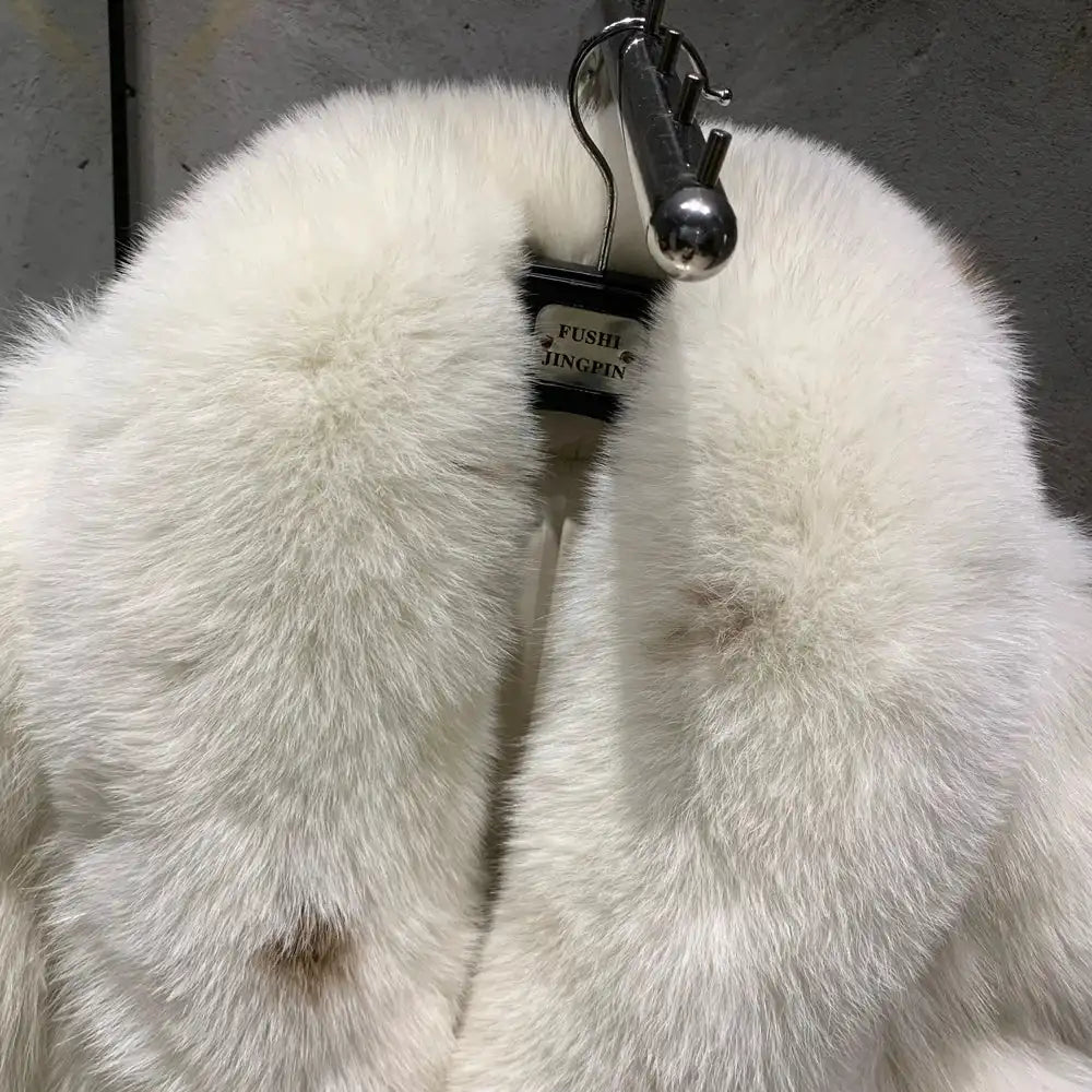 Wholesale Custom Polka Dot Designer Style Warm Fur Outwear Turn-down Collar Full Sleeve Real White Long fox Fur Coat Lady