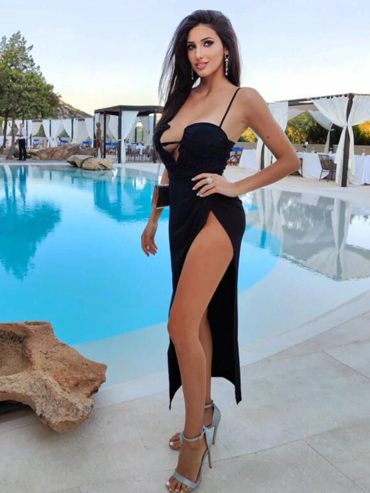 VC Black Long Dress Women Spaghetti Strap Sundress Sexy High Slit Draped Design Evening Party Dress Summer 2023