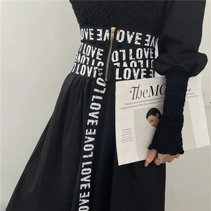 GetSpring Women Cummerbunds Letter Printed Zipper Black Wide Belt Fashion Elastic Waistband All Match Ladies Waist Band Corset