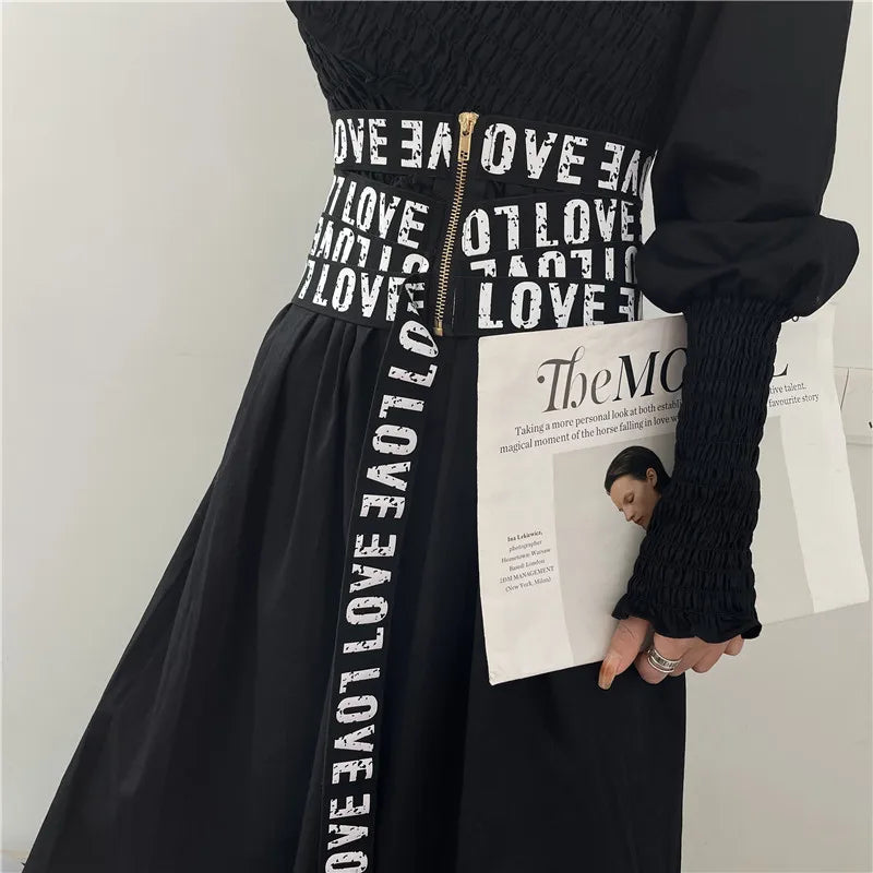 GetSpring Women Cummerbunds Letter Printed Zipper Black Wide Belt Fashion Elastic Waistband All Match Ladies Waist Band Corset