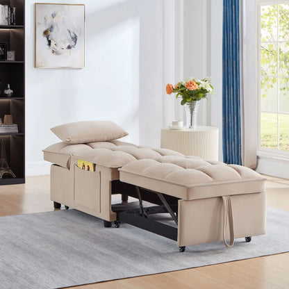 4-in-1 Multi-Function Taupe Convertible Chaise Lounge Adjustable Single Sofa Bed with Pull-Out & Tufted Backrest Storage Pockets - Kimlud