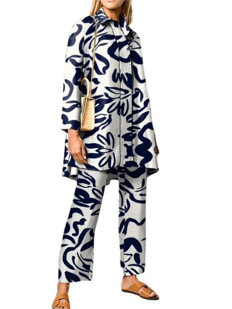 Autumn New Vintage Printed Pant Sets Women Long Shirts And Wide Legs Trousers Two Piece Set Fashion Trendy Streetwear Lady Suits