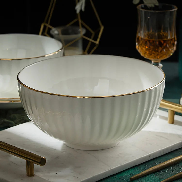 Bowl and dish set bone china tableware set bowl Jingdezhen light luxury simple hand drawn gold ceramic bowl and chopsticks plate - Kimlud