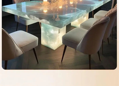 Luminous jade dining table natural luxury stone rectangular pink island white jade light luxury high-end marble rice