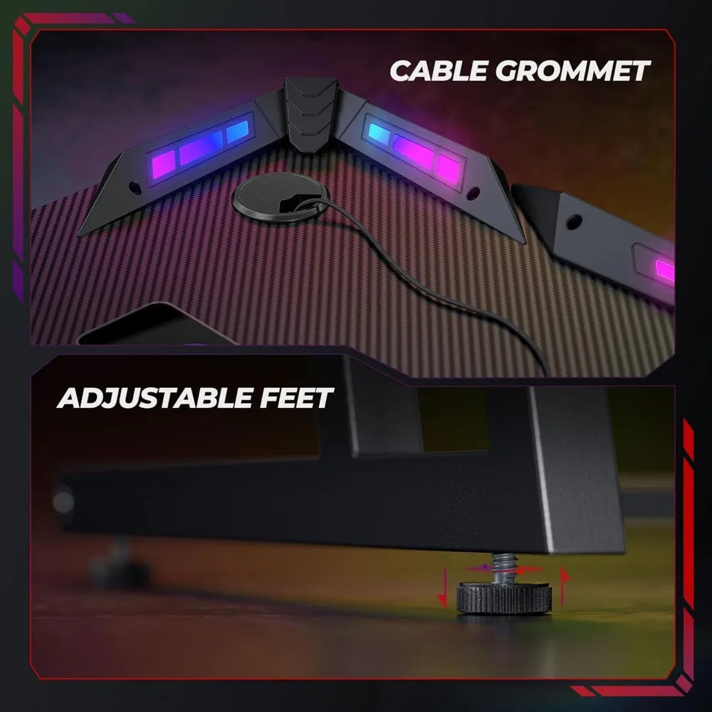 LED-Illuminated 47 Z-Shaped Gaming Desk with Carbon Fiber Surface for Ergonomic Home Gaming