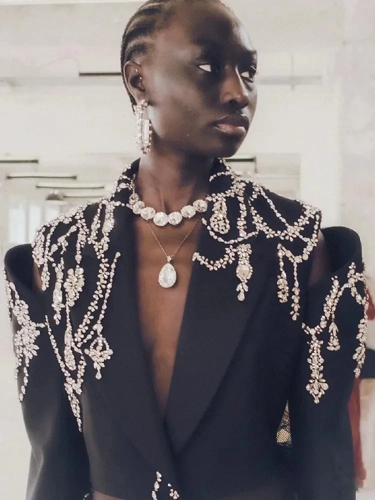 Luxury Women Crystal Beading Blazer Tops Sexy Backless Hollow Out Suit Coat Runway Designer Long Shiny Baroque Diamonds Jacket