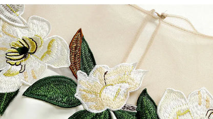 Vintage Embroidered Shirt Elegant Mesh Patchwork Satin Blouse O-neck Tops Spring Autumn Long Lantern Sleeve Women Clothes 24976