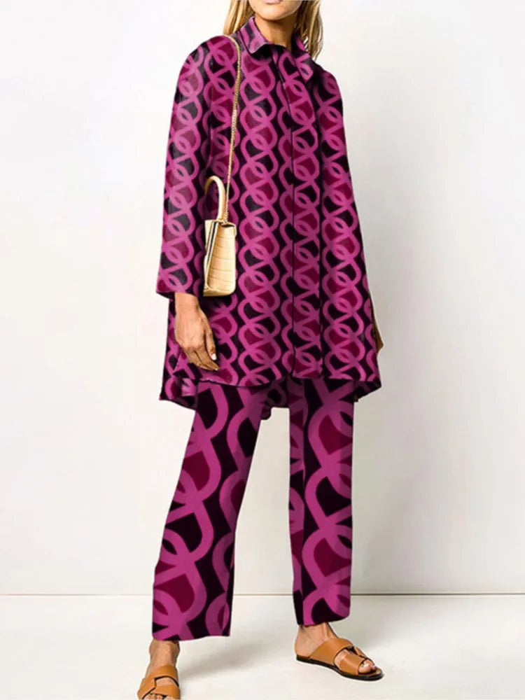Autumn New Loose Vintage Printed Pant Sets Women Long Sleeve Shirts And Wide Legs Trousers Two Piece Set 2025 Fashion Streetwear