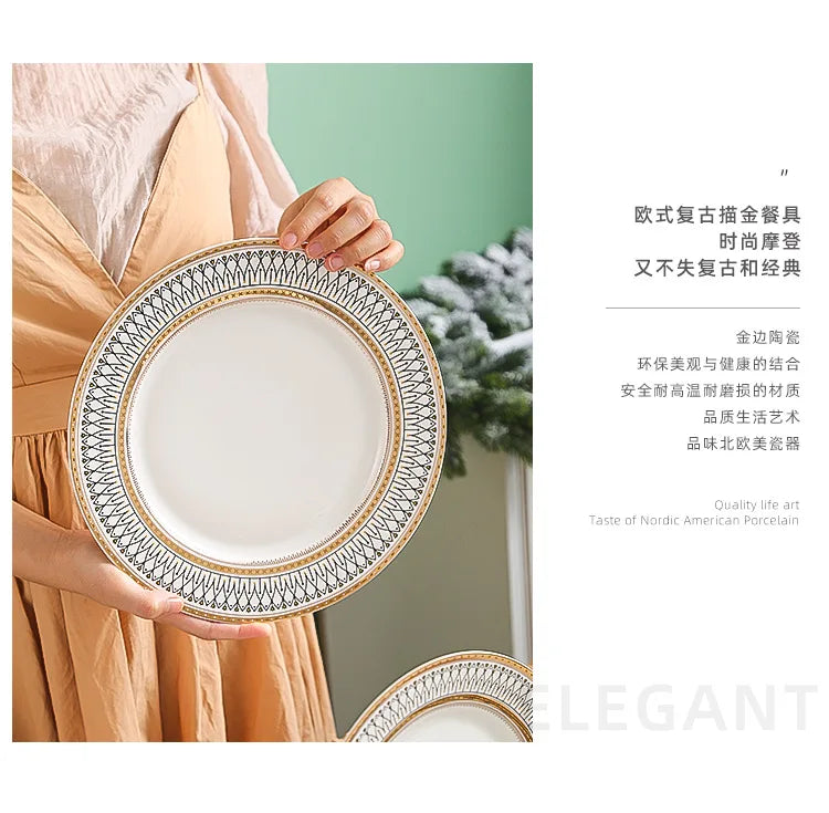 European Ceramic Steak Plates Household Tableware Golden Bead Ceramic Plates Western Food Plate Banquet Dessert Plates Kitchen
