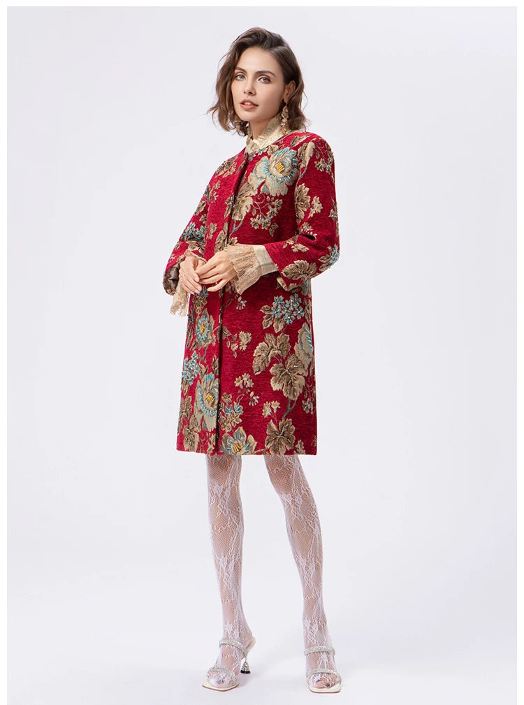 Autumn Winter New Women's Velvet Beaded Round Neck 3/4 Sleeve Burgundy Mid-Length Coat Chenille Texture Luxury Jacket