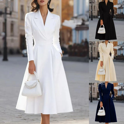 Autumn Winter Women's Elegant Long Dresses Fashion Solid-Color French V-Neck Waist-Cinching Evening Dress Ladies' Party...