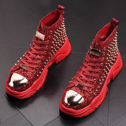 Luxury rivet Boots Men's shoes designer sneakers me n punk high tops gold red light bottom Casual Platfo