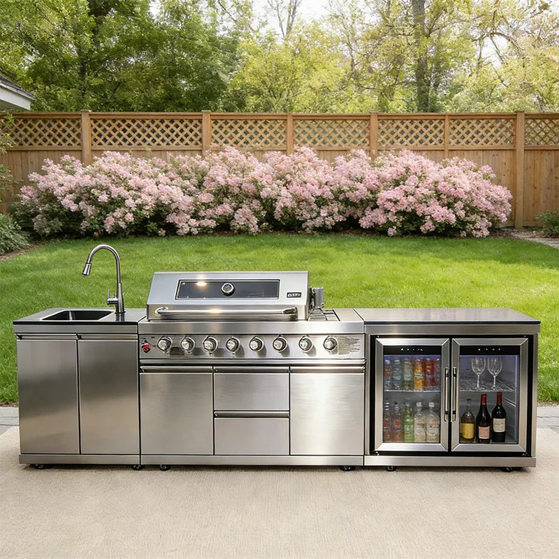 Sturdy 304 Stainless Steel Outdoor Kitchen Cabinet With Grill Cooktop Sink Fridge Rolling Movable On Wheels For Backyard Patio G - Kimlud