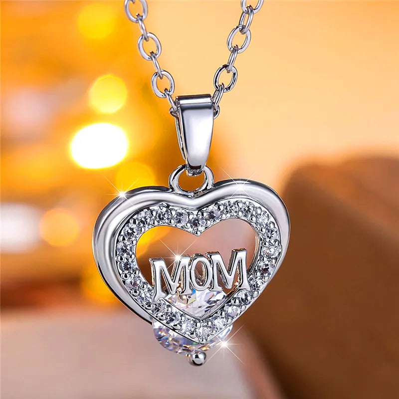 Crystal Luxury White Zircon Stone Heart Mom Letter Pendant Necklace Vintage Wedding Jewelry For Women Mother's Day Gift...