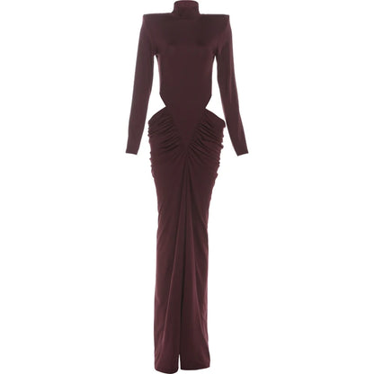 SiSterlinda Ruched Waistless Maxi Dress Women Sexy Shoulder Padded Patchwork Turtleneck Elegant Stretch Skinny Evening Bodycon