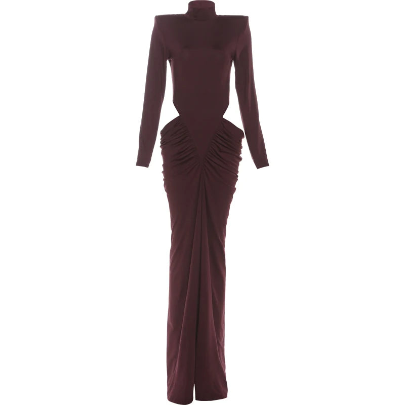 SiSterlinda Ruched Waistless Maxi Dress Women Sexy Shoulder Padded Patchwork Turtleneck Elegant Stretch Skinny Evening Bodycon