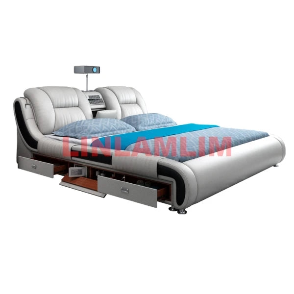 BJ Genuine Leather Bed Multifunctional Beds Ultimate Massage Camas With Bluetooth,Speaker,Safe,Air Cleaner, Projector,Drawers