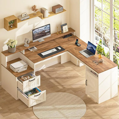 63" Farmhouse L Shaped Executive Desk with Drawers & Storage Shelf, Corner Computer Desk with Power Outlets, L Shaped Office Des - Kimlud