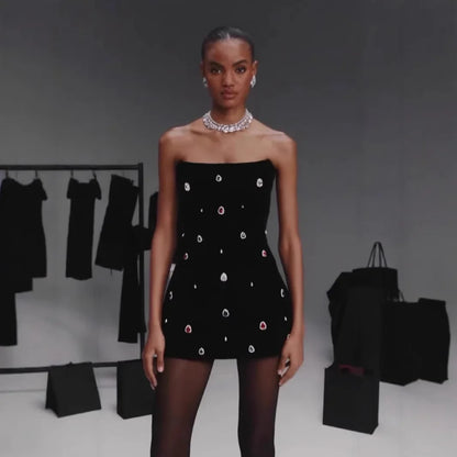 Fashionable Diamond Embedded Short Strapless Bandage Dress Slim Design Spring New Style Women's Mini Dress Polyester Fiber
