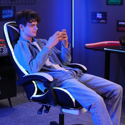 Ergonomic High Back Gaming Chair with LED RGB Lights, Massage, and Adjustable Footrest for Comfortable Video Gaming Experience