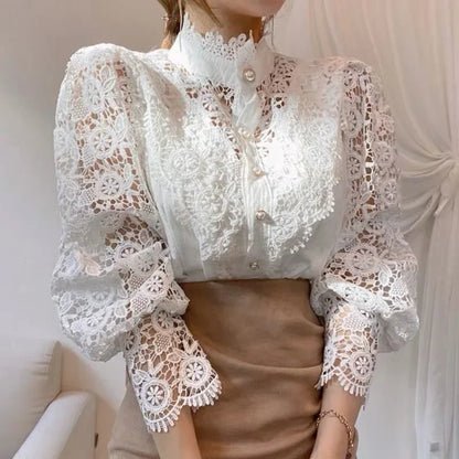 Spring Elegant Lace Office Shirt Women's Blouse Long Sleeve Button Up Blouses Tops 2025 Spring Fashion Casual Ladies Shirts Top