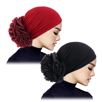 Women's Hijabs Turban Big Flower Elastic Cloth Hair Bands Hat Beanie Ladies Muslim Solid Hair Loss Scarf Cap Hair Accessories