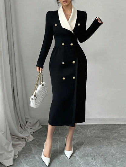 Elegant Long Sleeve V-Neck Black White Splicing Waist-Cinching Midi Dress Knitted Fabric Comfortable Casual Style for Women - Kimlud