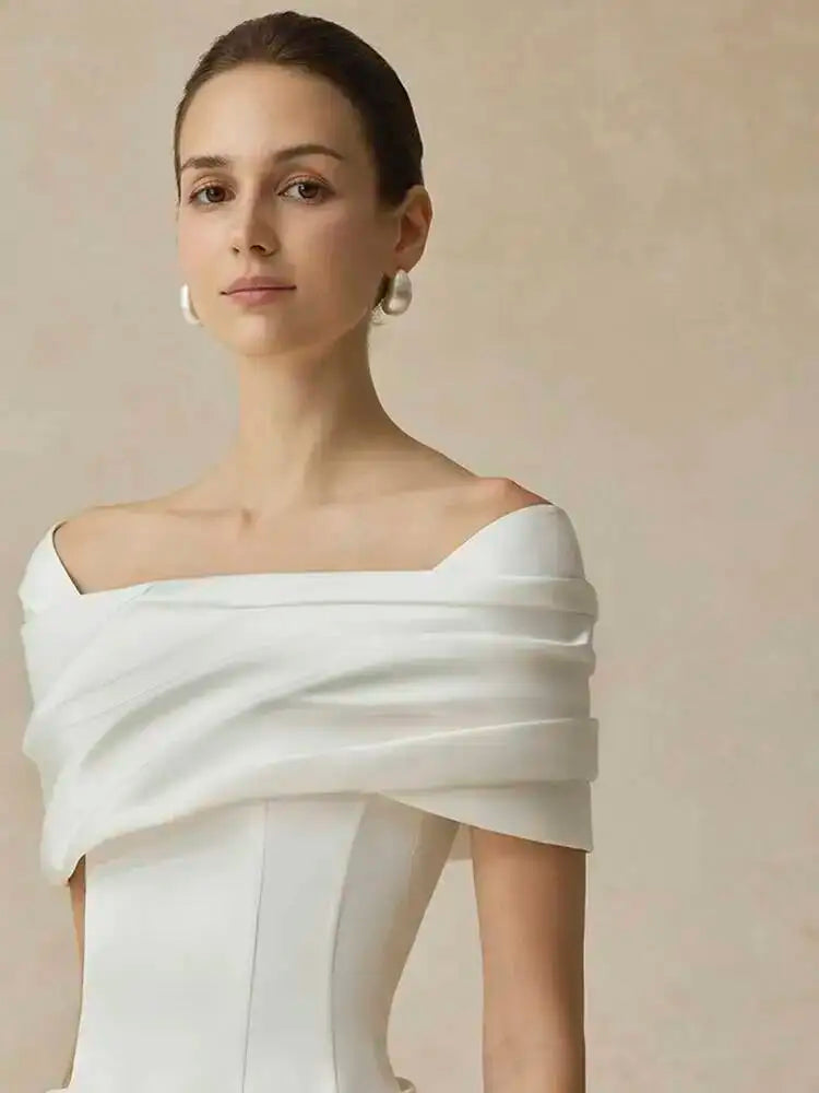 DEAT Elegant Dress Slash Neck Pleated Back Split Slim Hip Warp Long Women's Evening Party Dresses 2026 Winter New Tide...