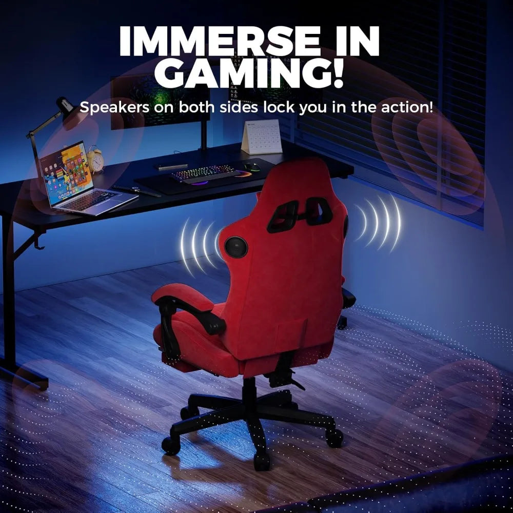 Gaming Chair with Built-in Speakers & Bluetooth, Ergonomic Reclining Design with Footrest for Adults - Red Velvet