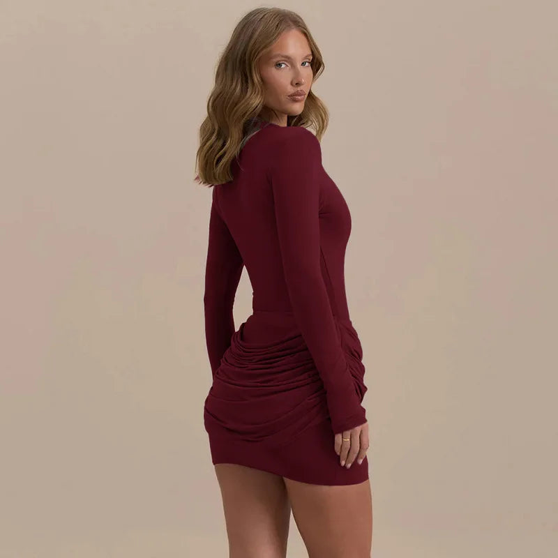 Solid Color Gathered Hip Cover Long Sleeve Dress Women's Spring Summer New Casual Round Neck Dresses For Women Ropa...
