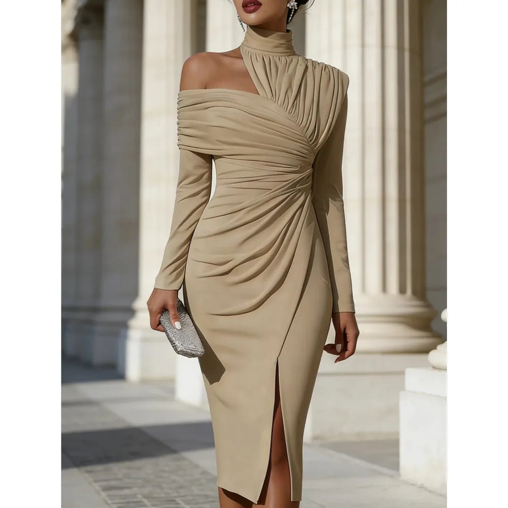 Women's White Off Shoulder Asymmetric Bodycon Dresses Autumn Fashion High Collar Cutout Long Sleeve Ruched Slit Slim Midi Dress