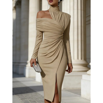 Women's White Off Shoulder Asymmetric Bodycon Dresses Autumn Fashion High Collar Cutout Long Sleeve Ruched Slit Slim Midi Dress