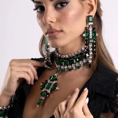 XSBODY Large Cross Pendant Choker Green Crystal Bridal Accessories Fashion Geometric Rhinestone Necklace Earrings Set Piercing