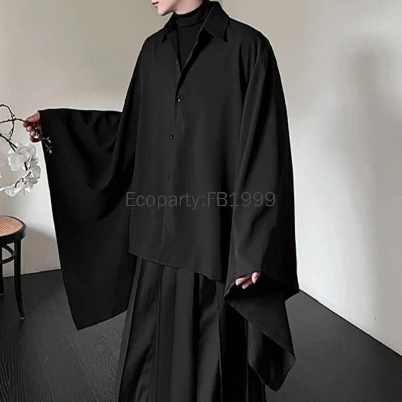Men Chinese Style Hanfu Shirts Black Lapel Flare Long Sleeve Gothic Blouse Male Vintage Loose Leisure Shirts Harajuku Streetwear