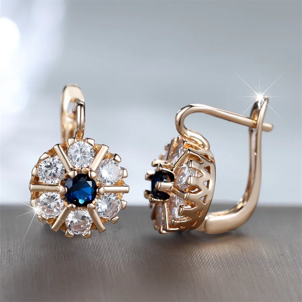 Fashion Blue Crystal White Zircon Flower Hoop Earrings For Women Vintage Gold Color Ear Buckle Wedding Jewelry...