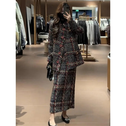 Winter new women fashion high-end temperament coarse weave small fragrance style coat+half skirt elegant two piece set |...