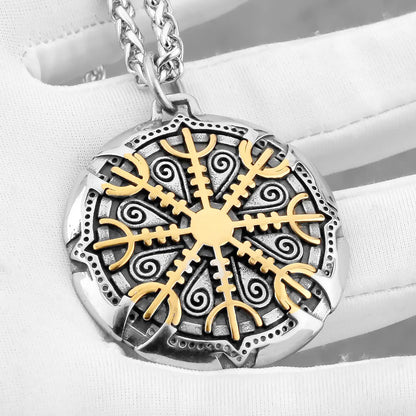 Viking Awe Helm Rune Necklace Stainless Steel Men Vegvisir Amulet Pendant Necklace Scandinavian Vintage Charm Jewelry Wholesale