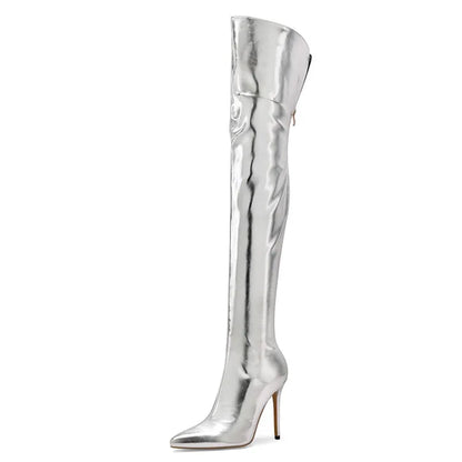 Sexy Silver Gold Rear Zipper Over Knee Boots Women's Pointed High Heels European and American Fashion Long Boots Big Size 34-43