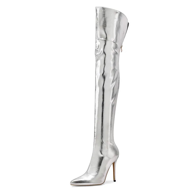 Sexy Silver Gold Rear Zipper Over Knee Boots Women's Pointed High Heels European and American Fashion Long Boots Big Size 34-43