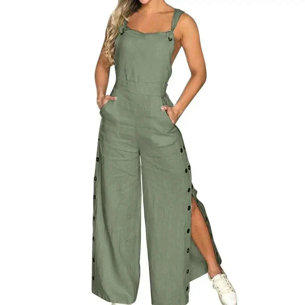 Women's Sleeveless Wide Leg Jumpsuit with Side Pockets And Button Closure Solid Color Loose Straight-Leg Romper for Women