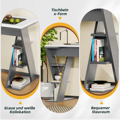 HOUSE SPOLE Computer table with X-shaped bracket, office table with 6 storage rack, Grey | Kimlud Office Luxury Table