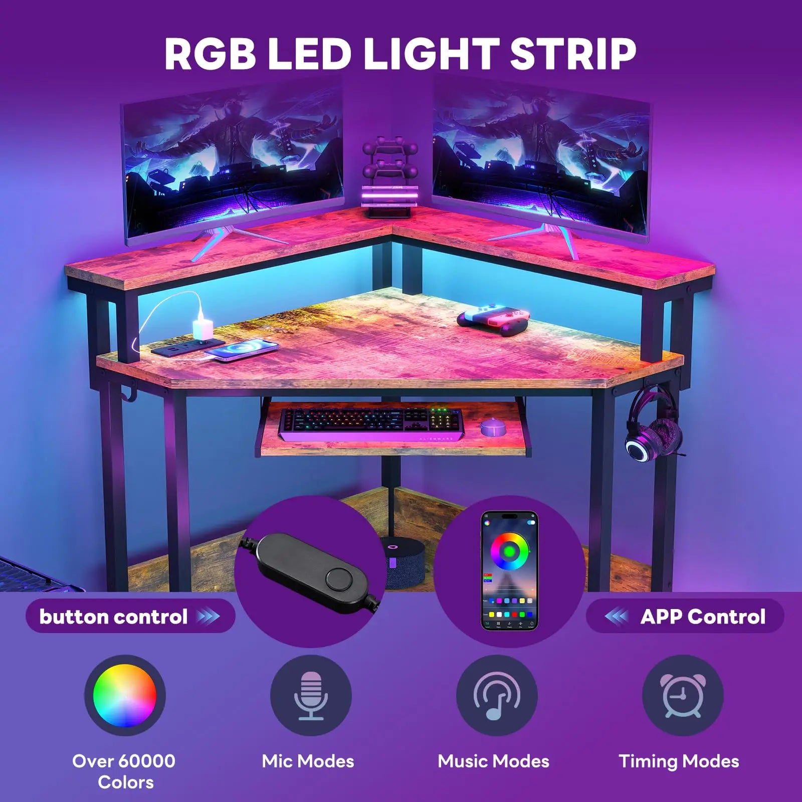 JHK Corner Desk Office Computer Desk for Small Space with LED Lights Gaming Table with Storage Shelves Power Outlets For Home