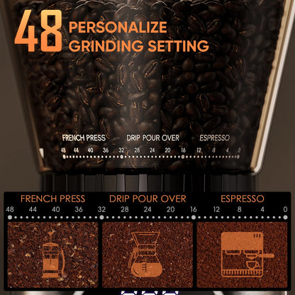 BioloMix Professional Conical Burr Grinder 48 Adjustable Settings with Removable Holder for Espresso Drip and French...