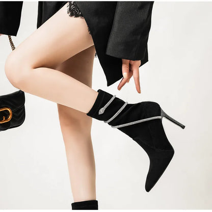 Autumn Winter Fashion Faux Suede Snake Coiled Women Boots Luxury Crystal Stiletto High heels Ankle Boots Shoes Botas Mujer